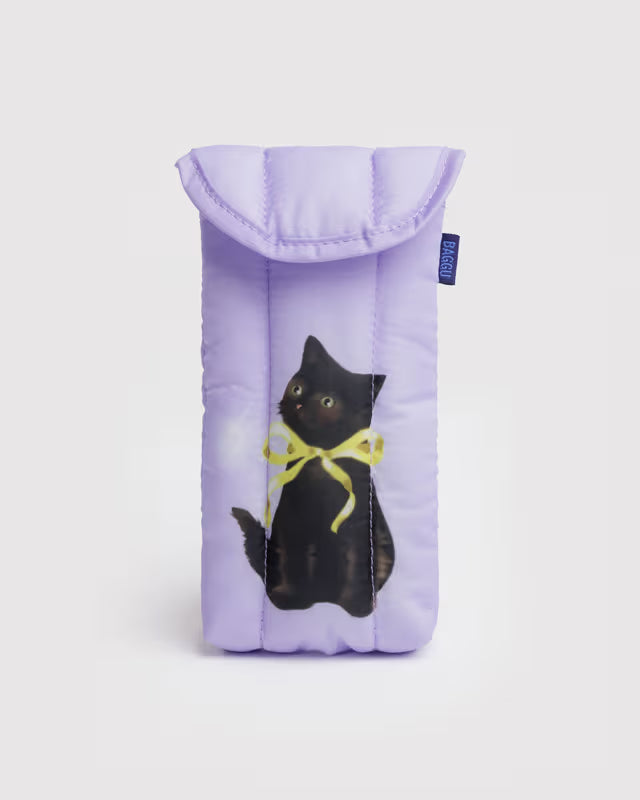 Purple eyeglass pouch with a black cat design on a white background