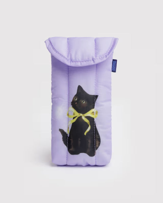 Purple eyeglass pouch with a black cat design on a white background
