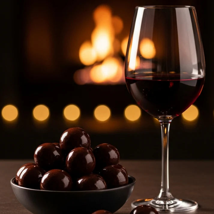 Glass of red wine and bowl of chocolate covered cherries with a blurred background