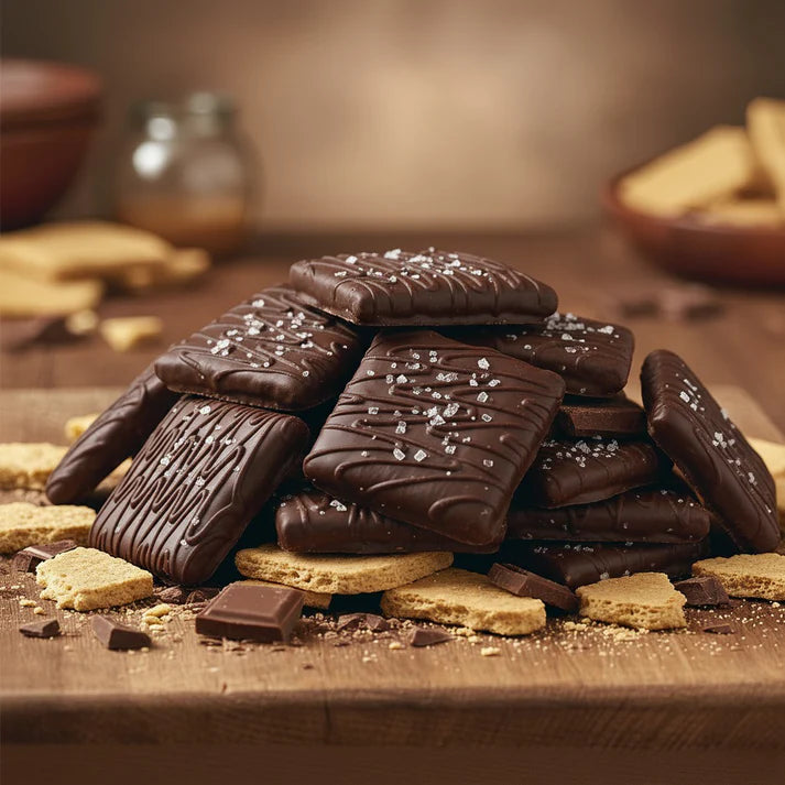 Stack of chocolate-covered grahams on a wooden surface with a blurred background