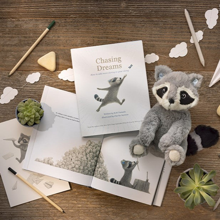 Raccoon and the book Chasing Dreams