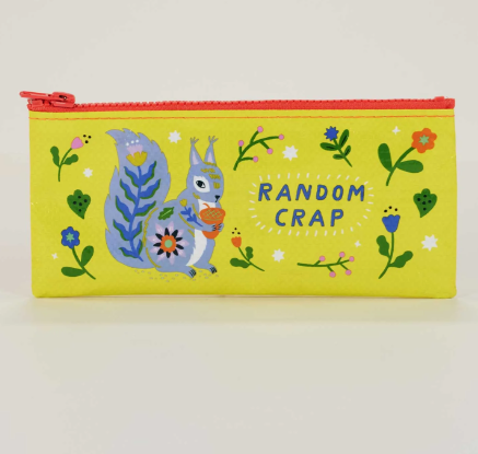 Yellow pouch with a cartoon squirrel, flowers, and the text 'RANDOM CRAP' on a white background.