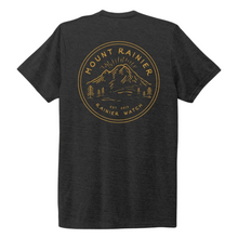 Load image into Gallery viewer, Grey tshirt with circlular yellow design featuring mount rainier and the words Mount Rainier large on the back of the shirt
