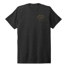 Load image into Gallery viewer, Grey tshirt wil small yellow logo on the left side featuring a mountain and the text Rainier Watch
