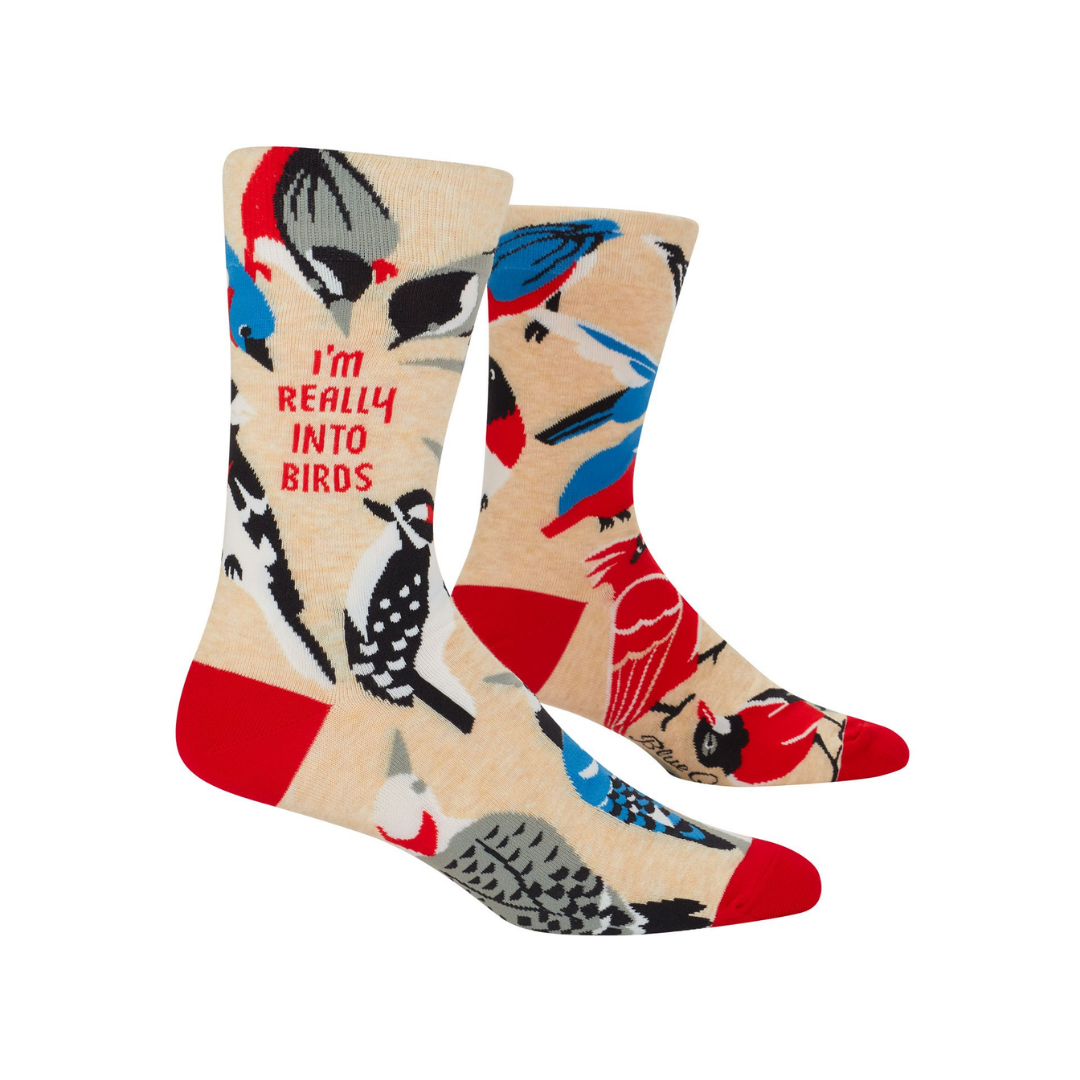 Men's Crew socks with "I'm really into birds" text