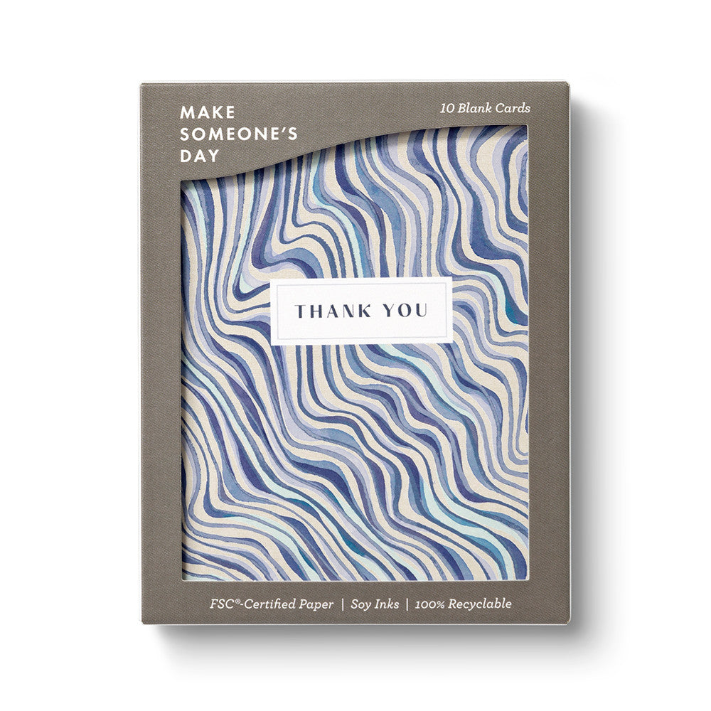 Pack of 10 blank cards with blue wavy pattern and 'Thank You' message on a white background