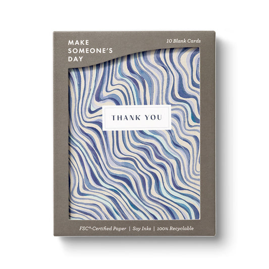Pack of 10 blank cards with blue wavy pattern and 'Thank You' message on a white background