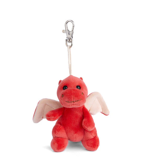 Red plush dragon toy with a keychain on a white background
