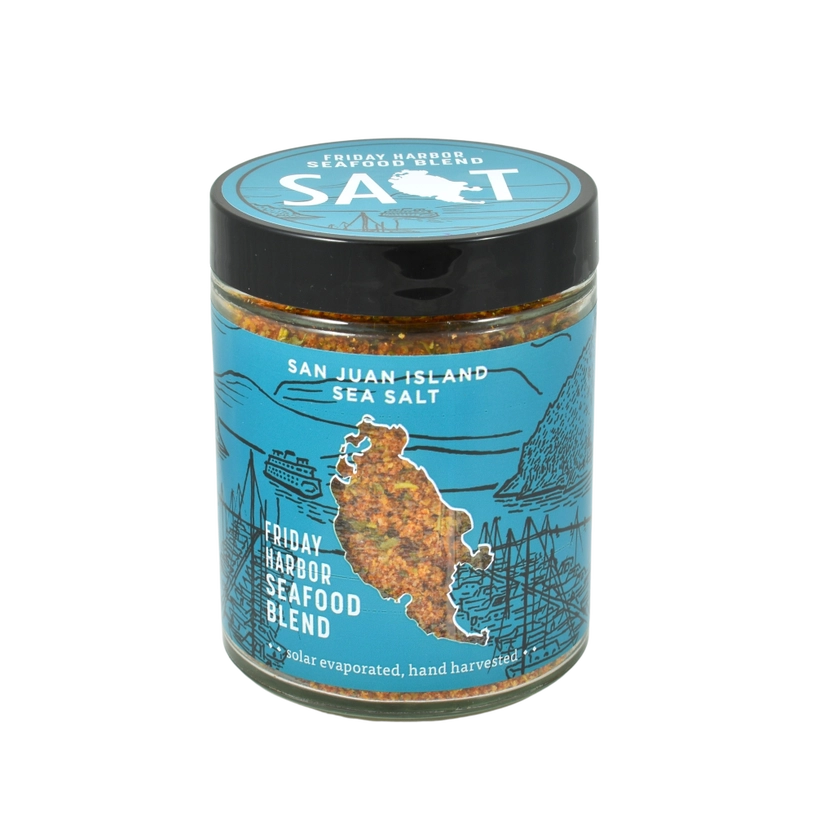 photo of a blue jar of "Friday Harbor Seafood Seasoning Blend"
