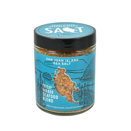 photo of a blue jar of "Friday Harbor Seafood Seasoning Blend"