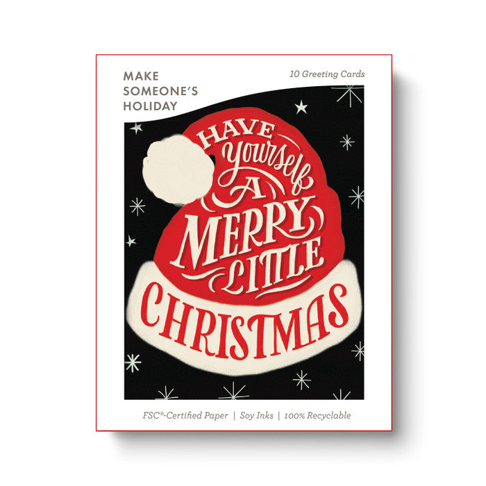 Packaging of 'Have Yourself a Merry Little Christmas' greeting cards with Santa hat design.