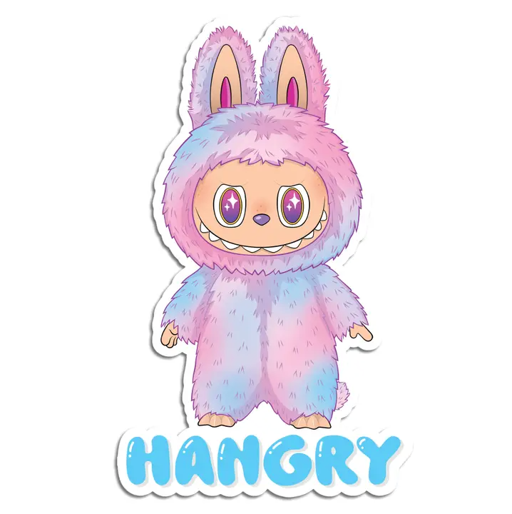 Pink, purple, and blue Labubu sticker with the word Hangry in blue under it.