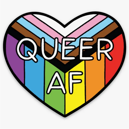 Heart shaped sticker featuring the progress pride flag as the background and the words "Queer AF" written in white.