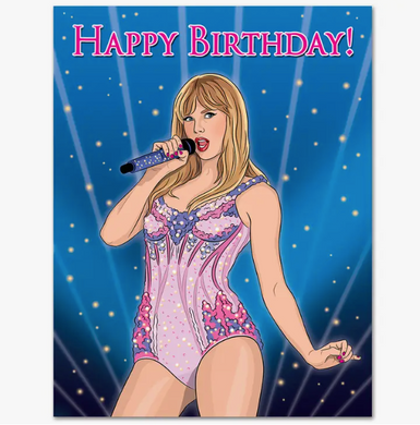 Card featuring Taylor Swift singing on stage with the words Happy Birthday in pink letters.