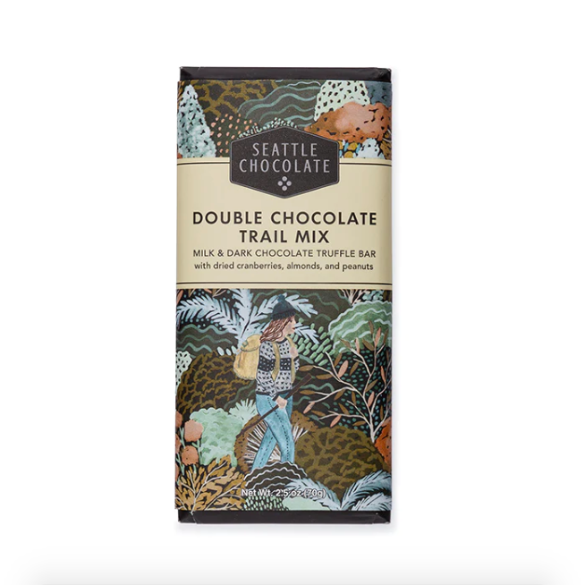 Double Chocolate Trail Mix chocolate bar featuring foliage and hikier