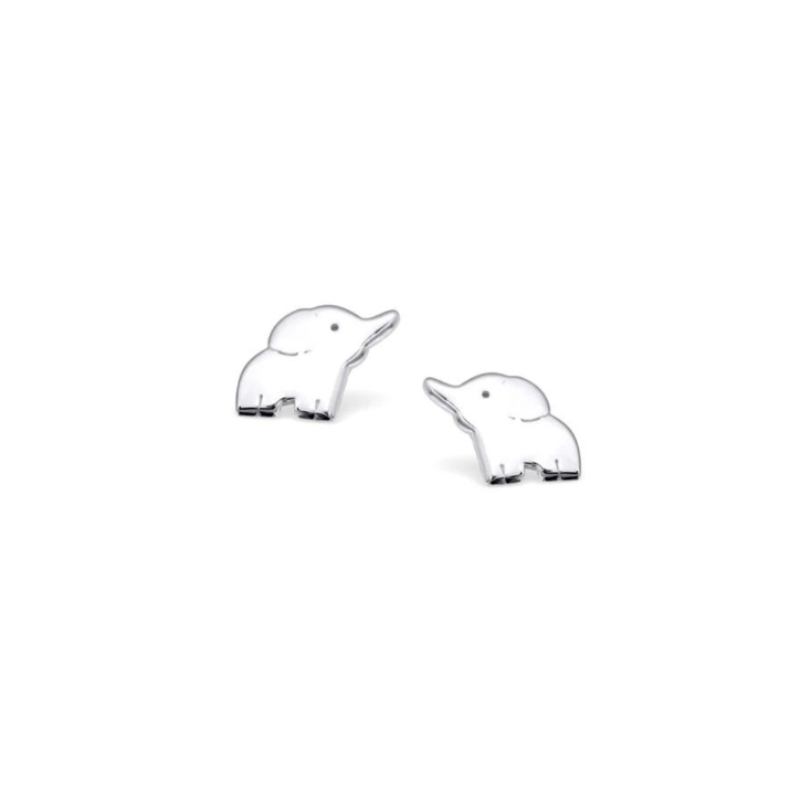 Two small elephant shaped earrings in sterling silver on a white background.