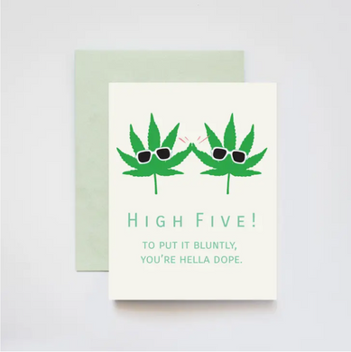 White card and green envelope. Card featured two marijuana leaves with sunglasses and the text 