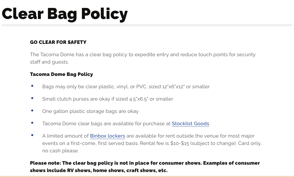 Tacoma Dome Bag Policy Reddit