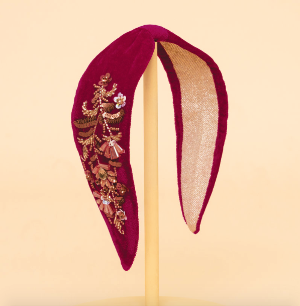 Embellished Velvet Headband - Golden Wildflowers Fuschia