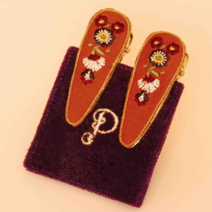 Art Deco Embroidered Floral Hair Clips - Tangerine