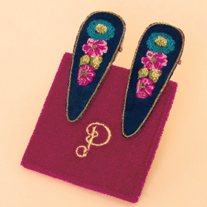 Vintage Floral Embroidered Hair Clips - Navy