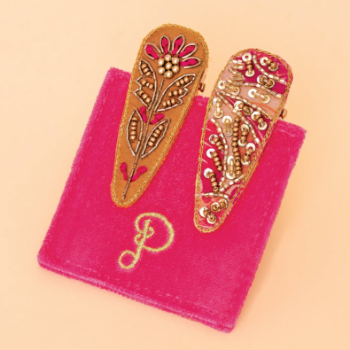 Floral Stem & 60s Abstract Jeweled Hair Clips - Mustard