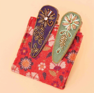 Floral Stems Jeweled Hair Clips - Purple/Sage