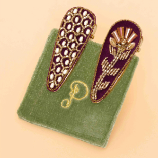 Hexagon & Floral Stem Jeweled Hair Clips - Damson