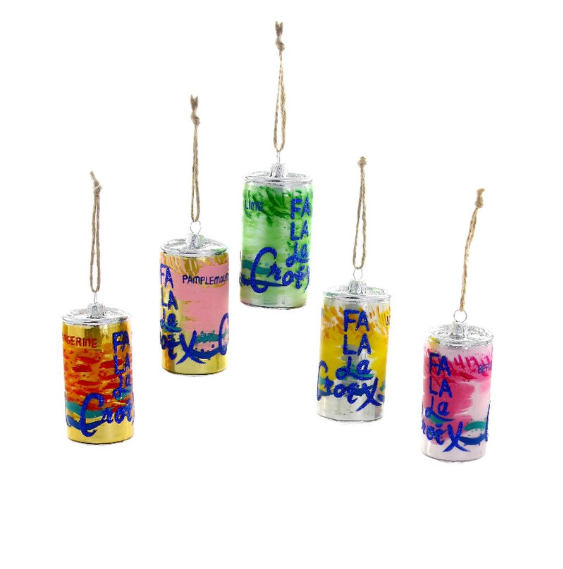 Christmas ornaments that look like colorful La Croix cans. Each one says "Fa La La Croix"