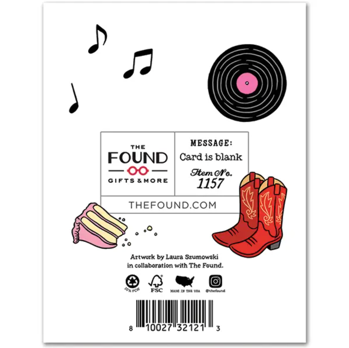 Back of card featuring music notes, record, red cowboy boots, a slice of cake and The Found logo. 