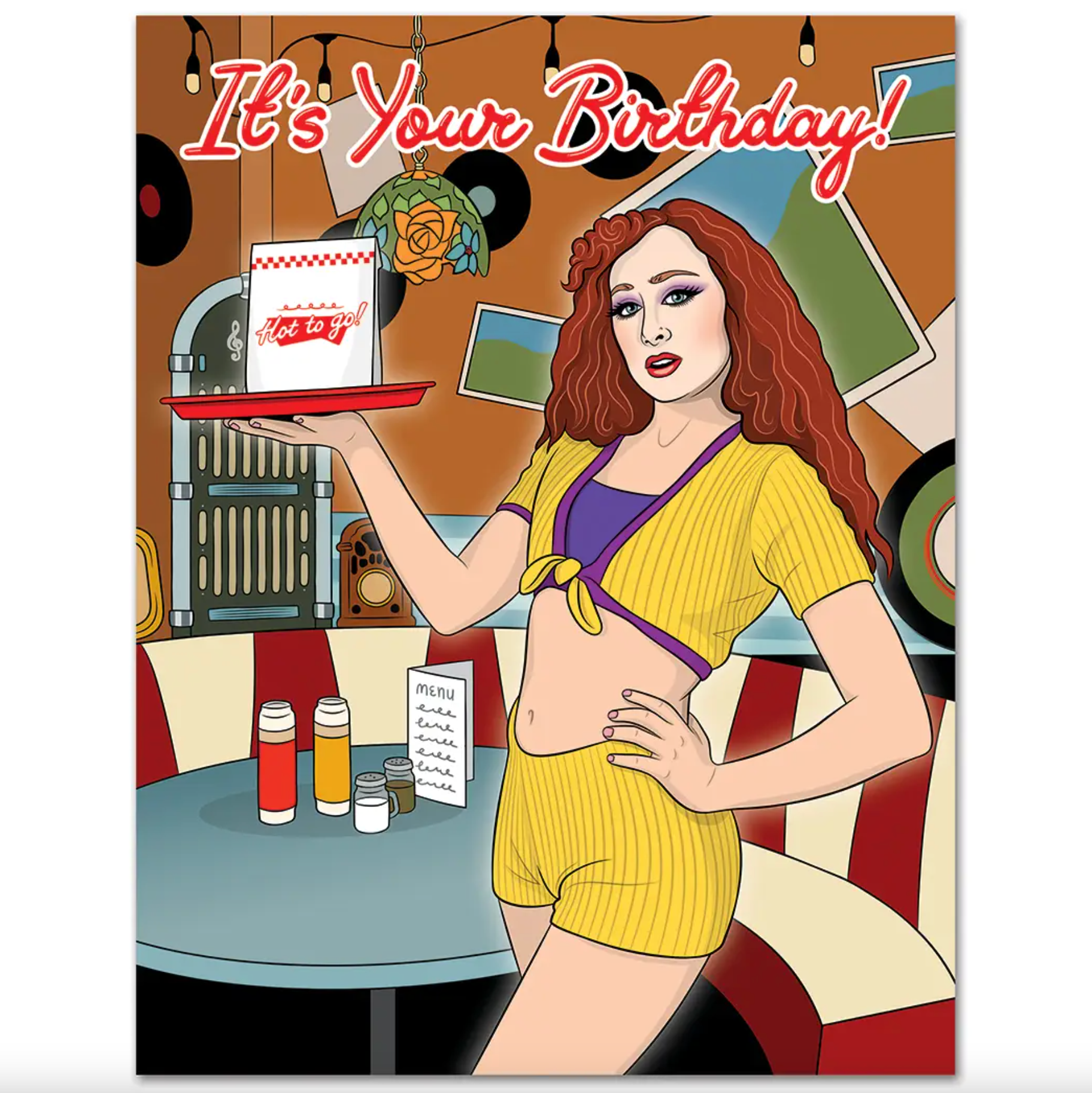 Birthday card featuring illustration of Chappel Roan holding a diner tray. Red text at the top of the card says "It's Your Birthday"