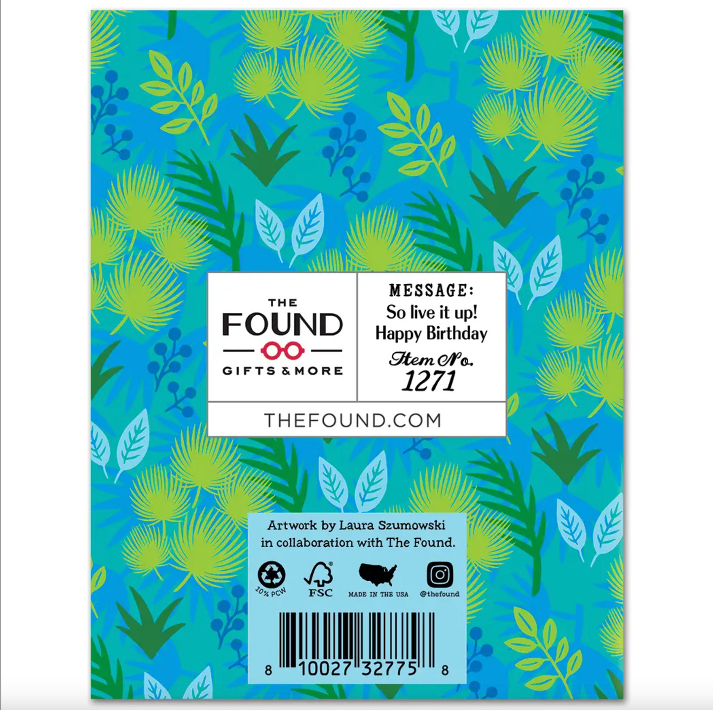 Back of card featuring blue and green tropical background, The Found Logo and the cards barcode.