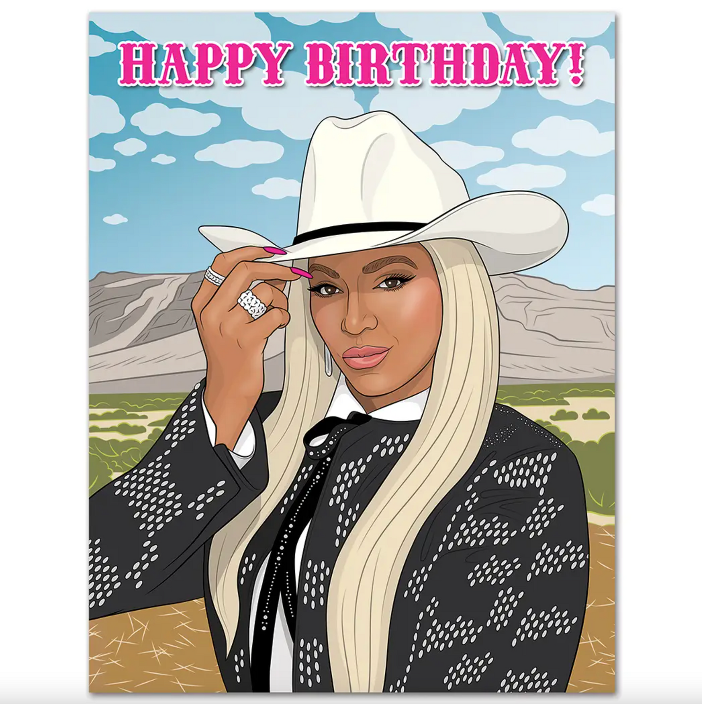 Illustration of Beyonce in a white cowboy hat with pink "Happy Birthday" text at the top of the card.