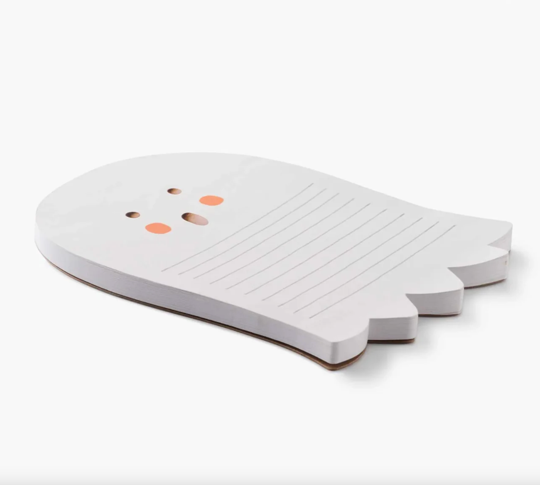 Side profile of a ghost shaped notepad on a white background.