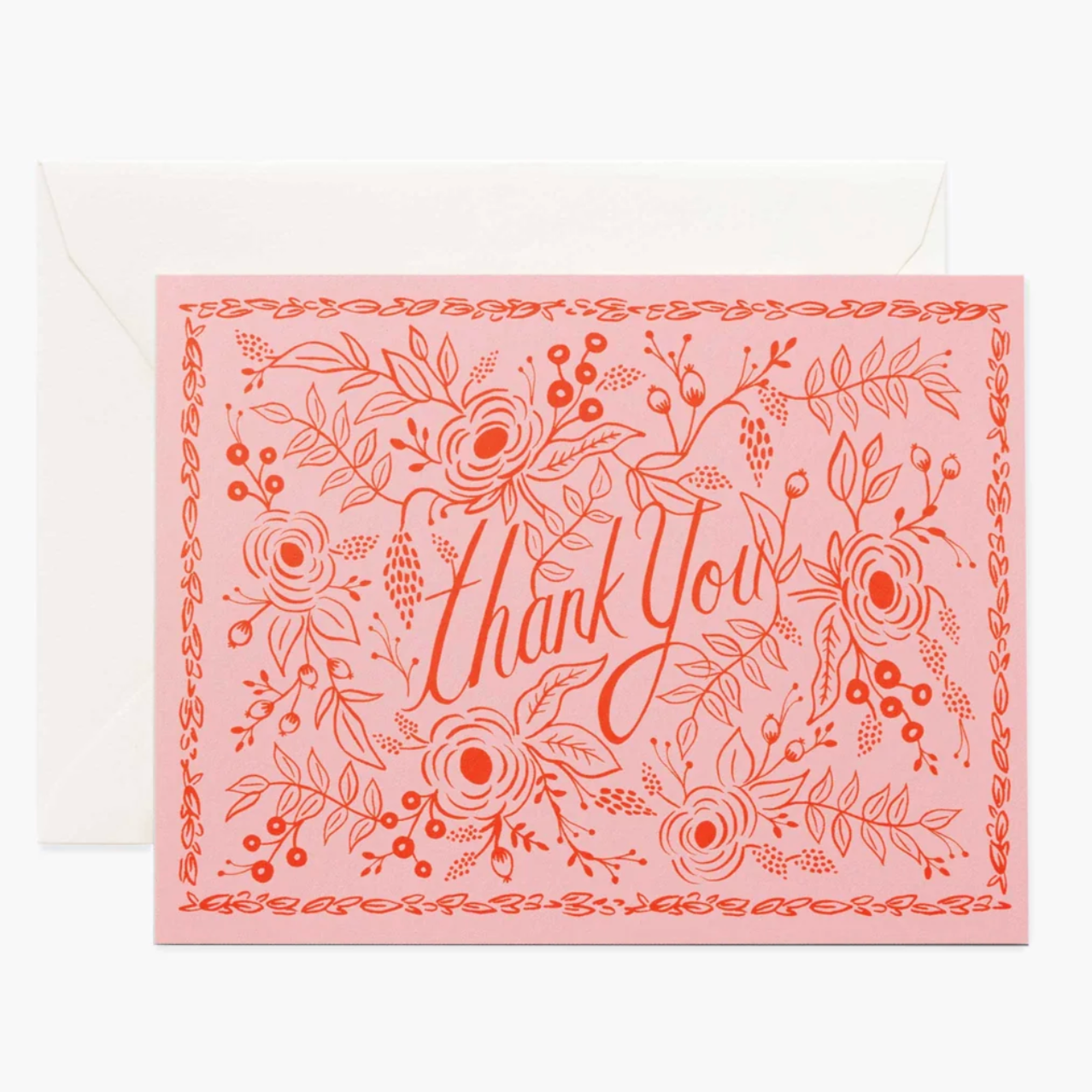 Pink card featuring red floral illustrations and script typeface stating "Thank You" in the center.