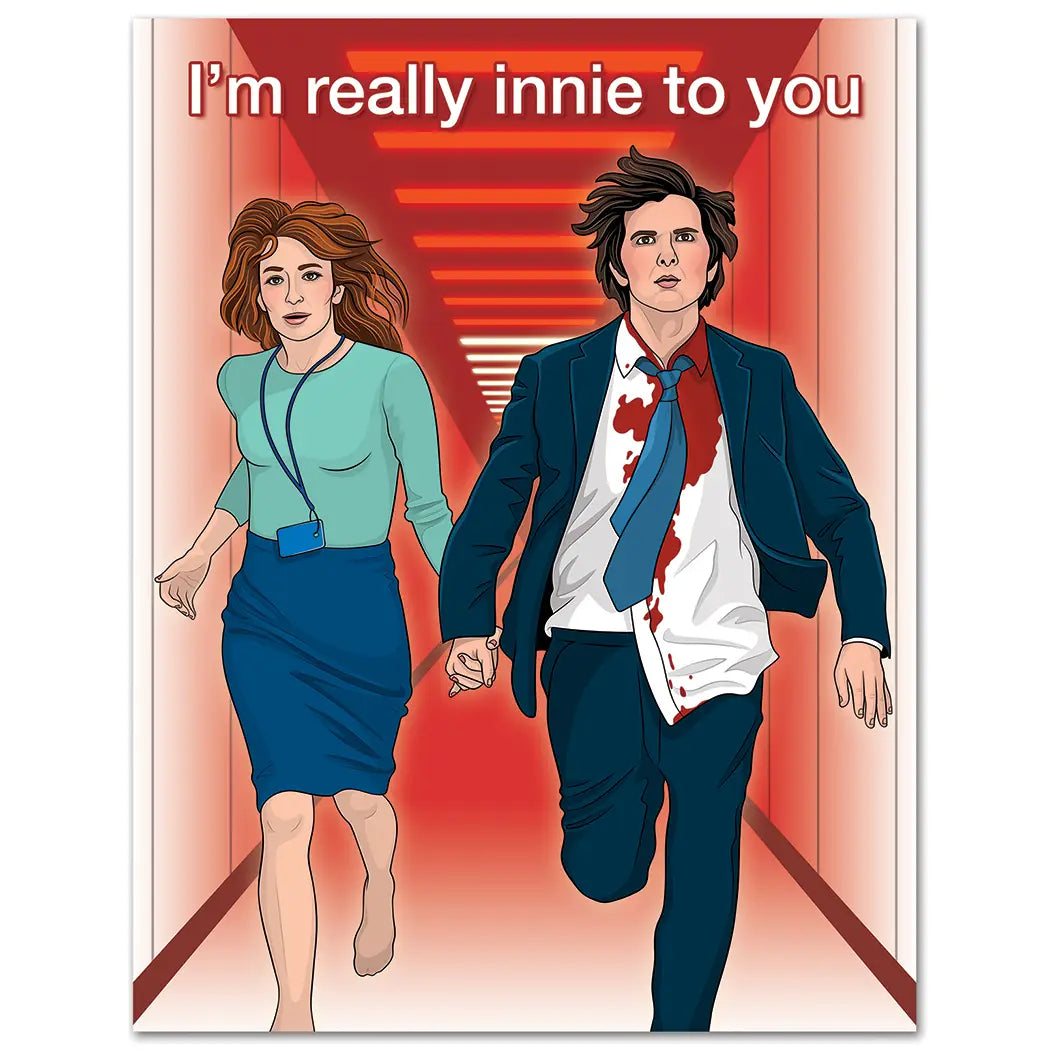 Cartoon illustration of two characters holding hands with a red background and text 'I'm really innie to you'.