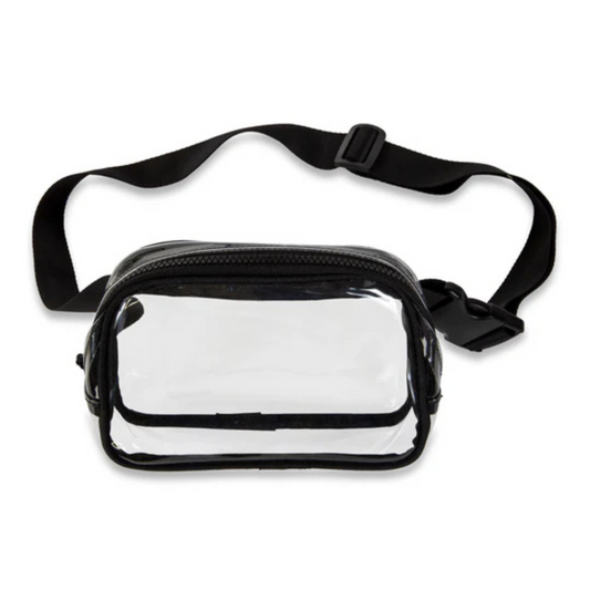 Clear vinyl belt bag. Bag had black trim and a black zipper and features and adjustable strap that can be worn around your waist or on your shoulder