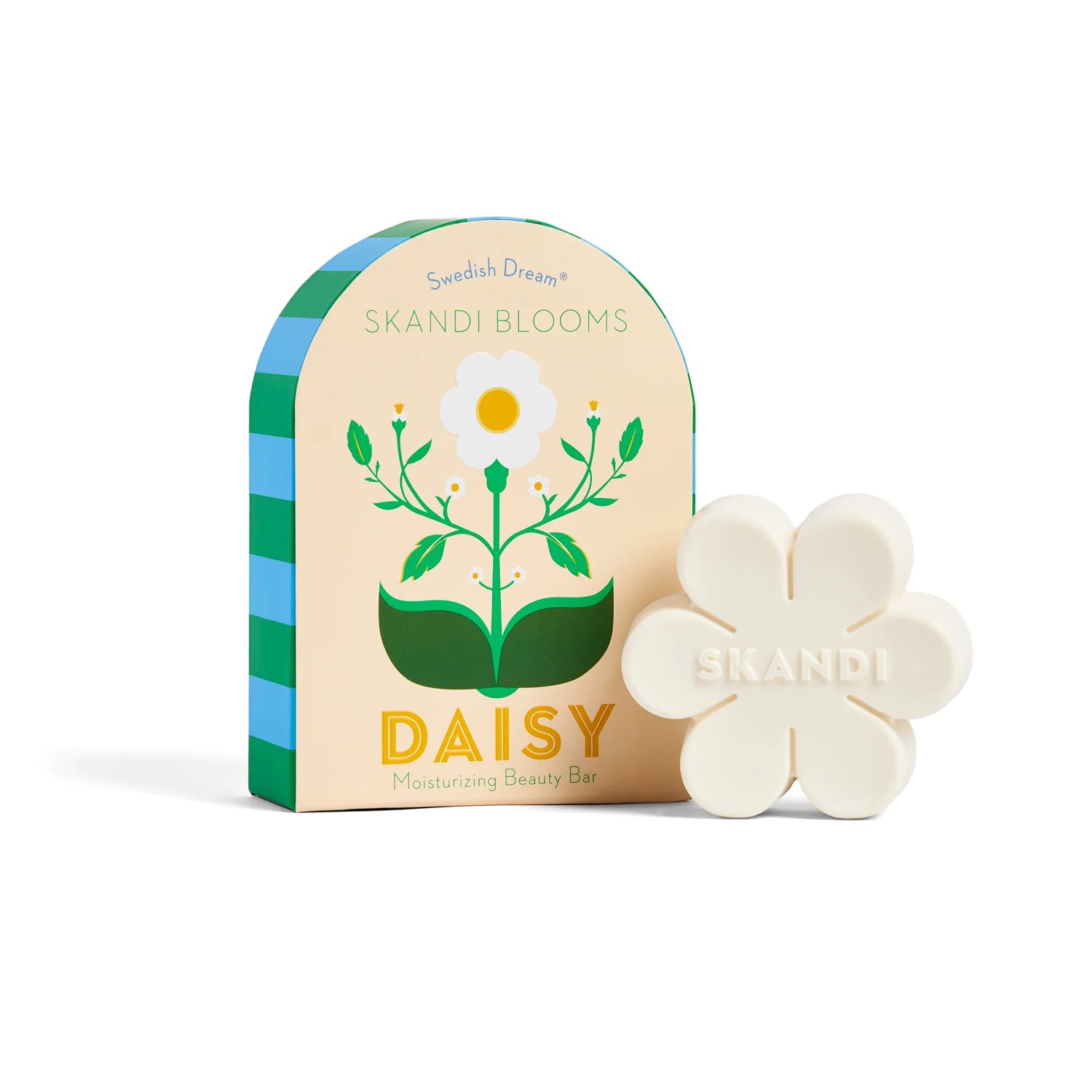 White flower shaped soap with Skandi Blooms packaging featuring a pretty flower and mod blue and green stripes.