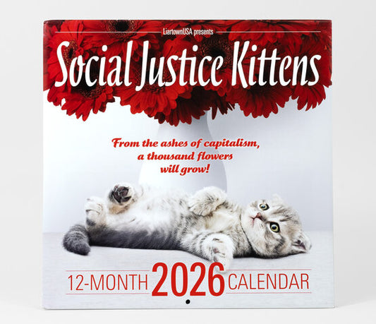 2026 calendar titled 'Social Justice Kittens' with a cat on the cover.