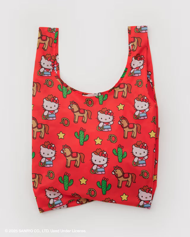 Red reusable bag with Hello Kitty and horse pattern on a white background
