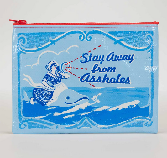 Blue pouch with a graphic of a person on a dolphin and text 'Stay Away from Assholes' on a white background.