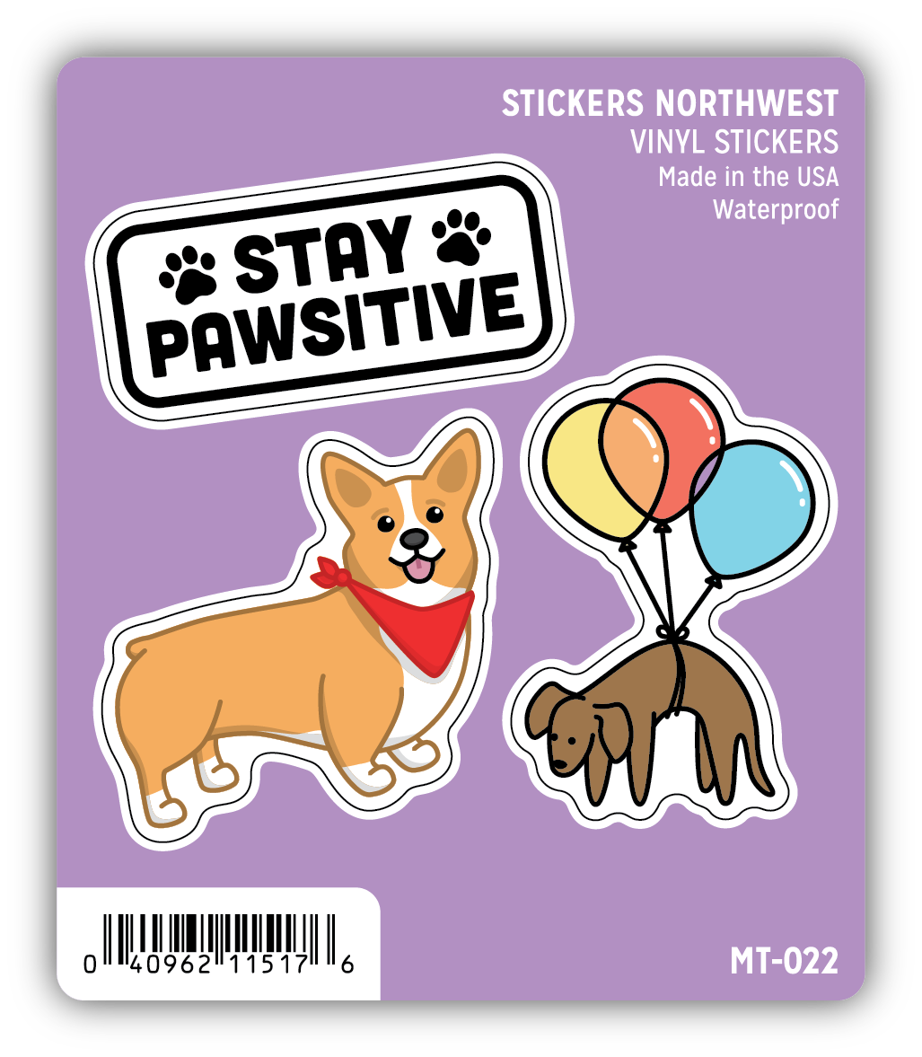 Set of three mini stickers with 'Stay Pawsitive' and other dog designs on a purple background