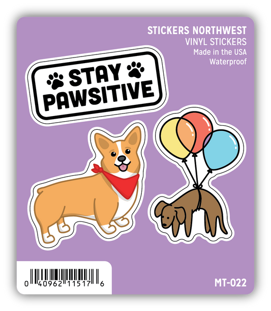 Set of three mini stickers with 'Stay Pawsitive' and other dog designs on a purple background