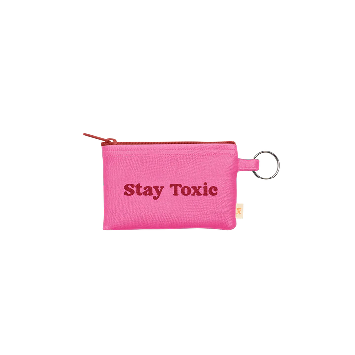 Pink pouch with 'Stay Toxic' text on a white background