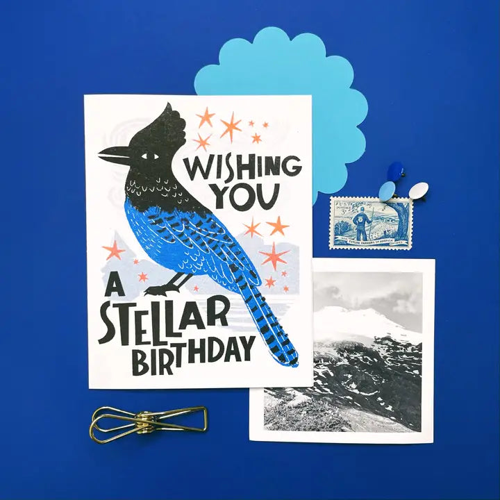 Stellar Birthday Bird Risograph Card