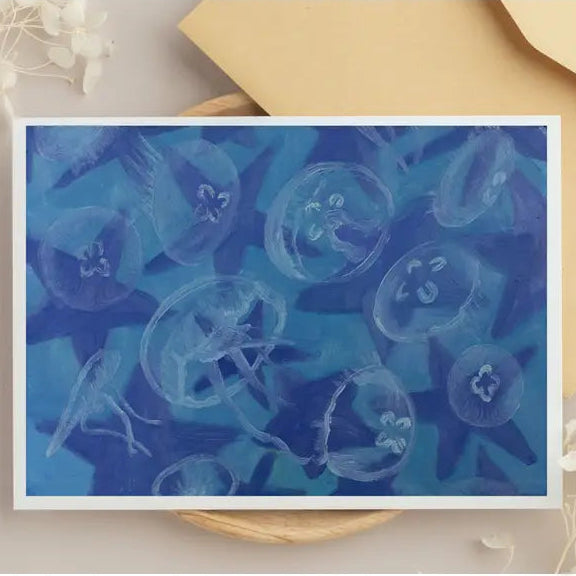 Print greeting card with painted jelly fish