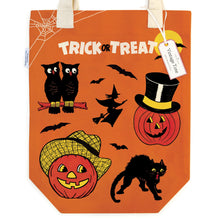 Load image into Gallery viewer, orange tote bag with owls, cat, and pumpkins. text says &quot;trick or treat&quot;
