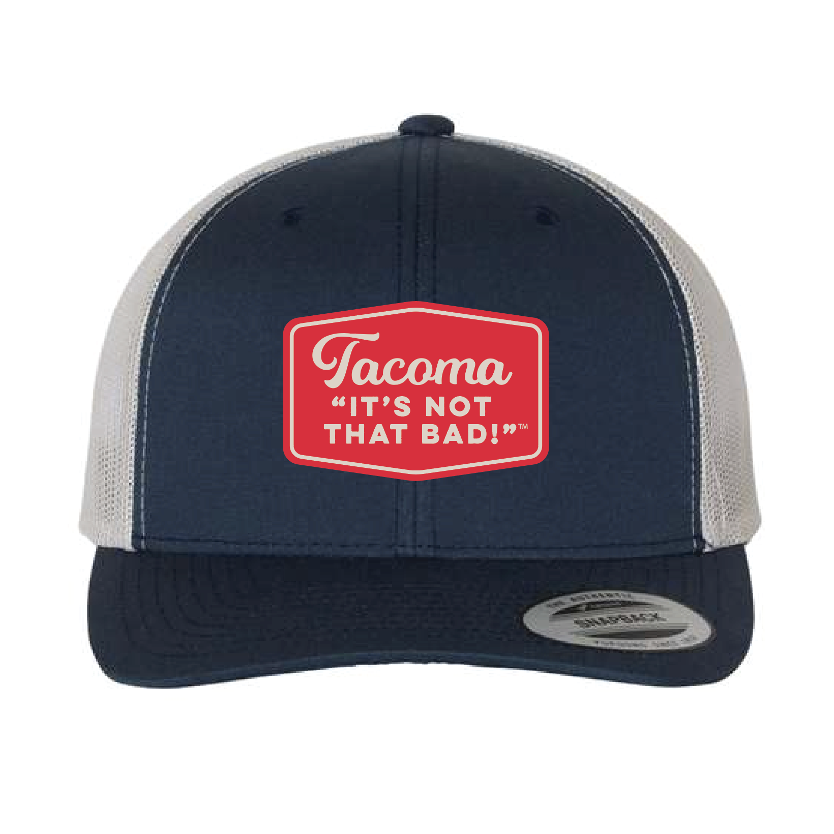 Navy and gray trucker hat with red patch that says "Tacoma, It's not tha that!" and text on a white background