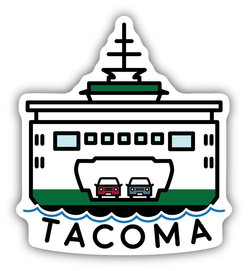 Sticker of a ferry with 'Tacoma' text on a white background