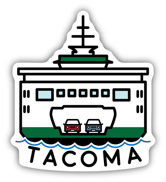 Sticker of a ferry with 'Tacoma' text on a white background